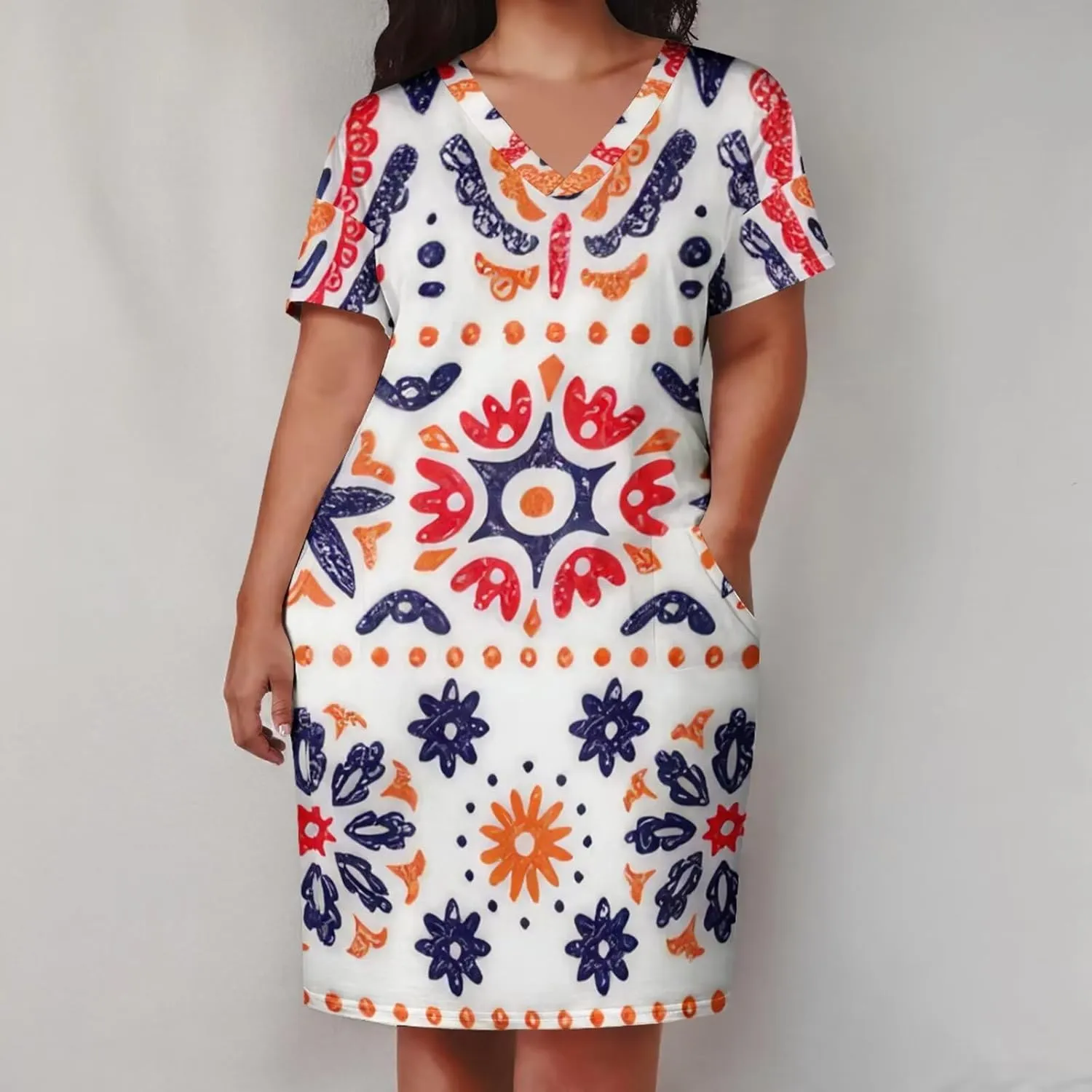 Plus Size Dress for Women Summer Casual African Print V Neck Short Sleeve with Pockets Loose Midi Dresses
