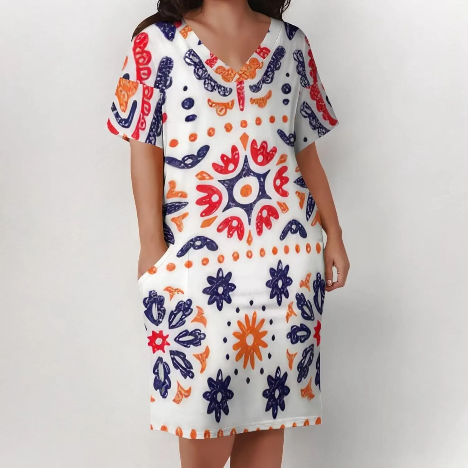 Plus Size Dress for Women Summer Casual African Print V Neck Short Sleeve with Pockets Loose Midi Dresses