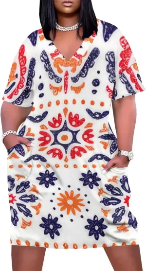 Plus Size Dress for Women Summer Casual African Print V Neck Short Sleeve with Pockets Loose Midi Dresses