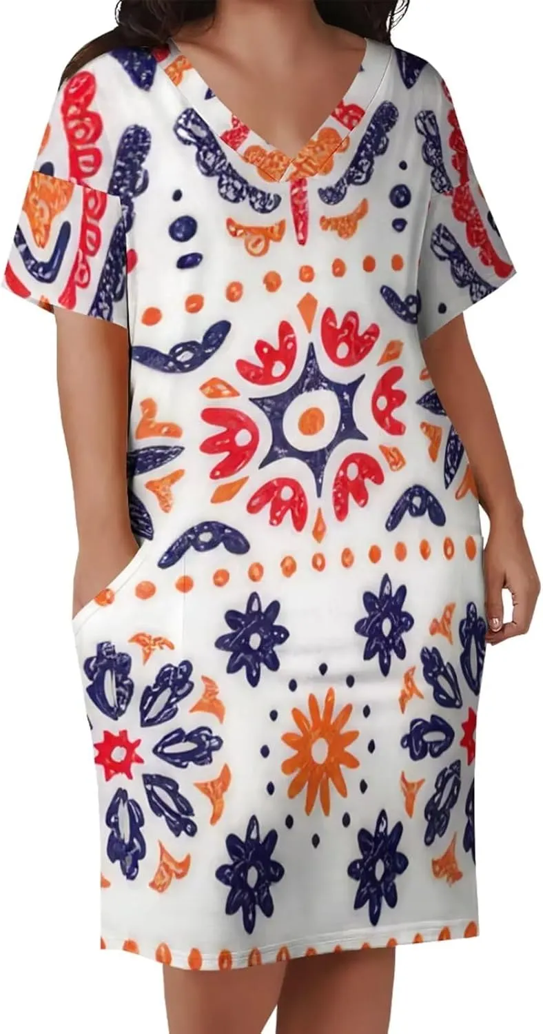 Plus Size Dress for Women Summer Casual African Print V Neck Short Sleeve with Pockets Loose Midi Dresses