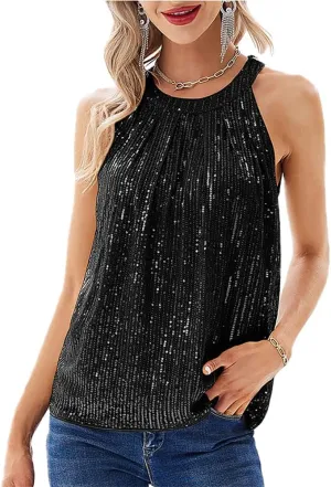 Pluto & Fox Womens Sequin Halter Tops Sleeveless Tank Camisole Tops Sparkly Glitter Holiday Party Club Cocktail Vest Shirt
