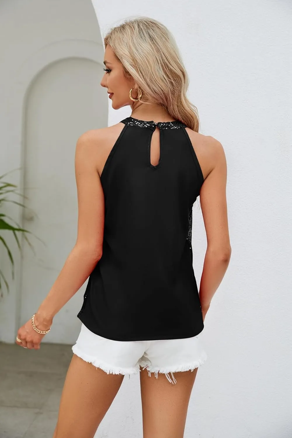 Pluto & Fox Womens Sequin Halter Tops Sleeveless Tank Camisole Tops Sparkly Glitter Holiday Party Club Cocktail Vest Shirt