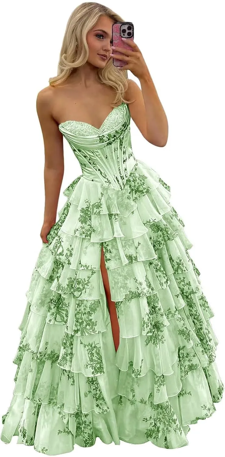 POMUYOO Tiered Floral Prom Dresses 2025 Long Ruffle Corset Chiffon Formal Evening Party Gowns