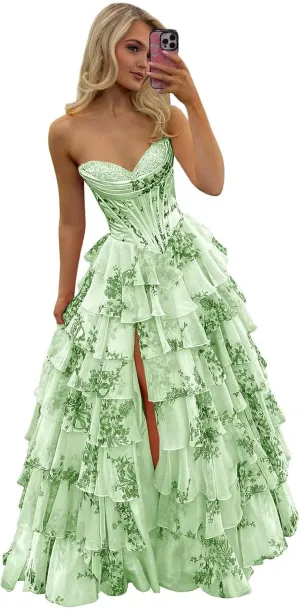 POMUYOO Tiered Floral Prom Dresses 2025 Long Ruffle Corset Chiffon Formal Evening Party Gowns