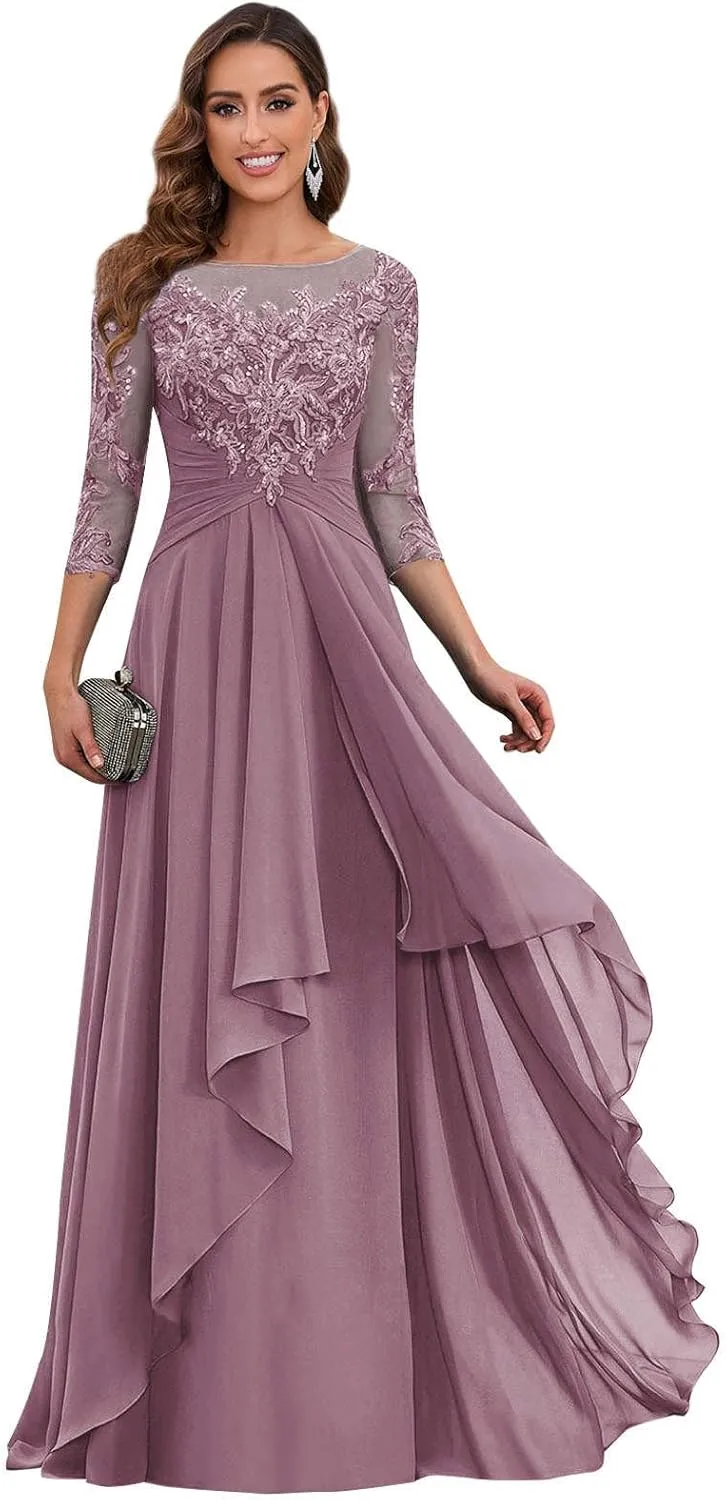 POMUYOO Women's Lace Long Mother of The Bride Dresses with Sleeves Scoop Neck Chiffon Aline Formal Evening Gown