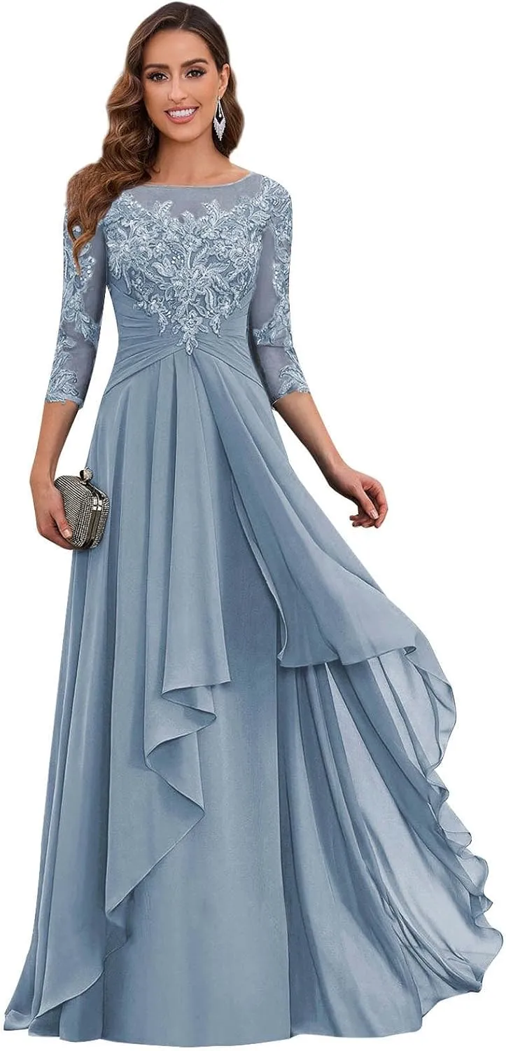 POMUYOO Women's Lace Long Mother of The Bride Dresses with Sleeves Scoop Neck Chiffon Aline Formal Evening Gown