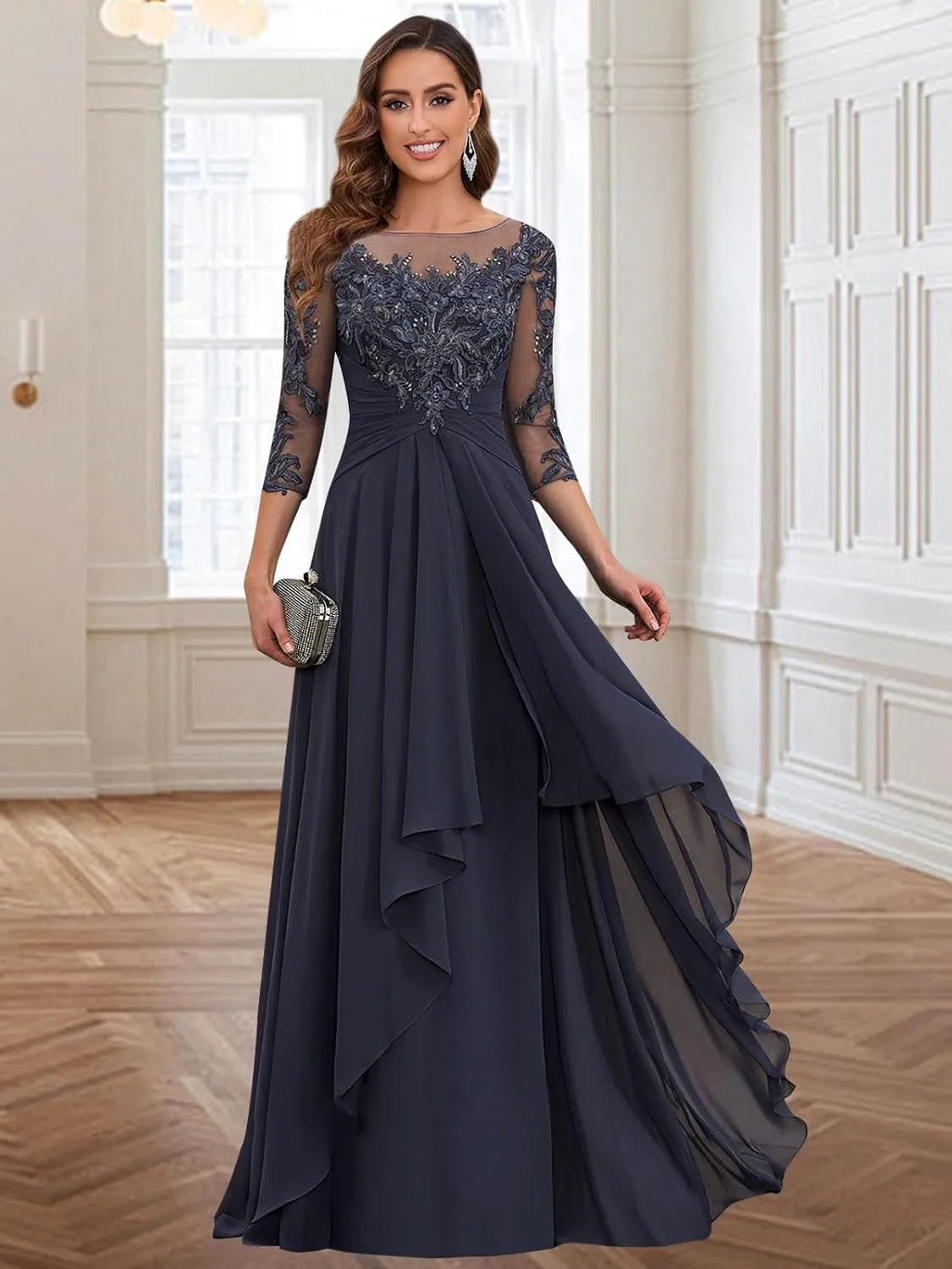 POMUYOO Women's Lace Long Mother of The Bride Dresses with Sleeves Scoop Neck Chiffon Aline Formal Evening Gown