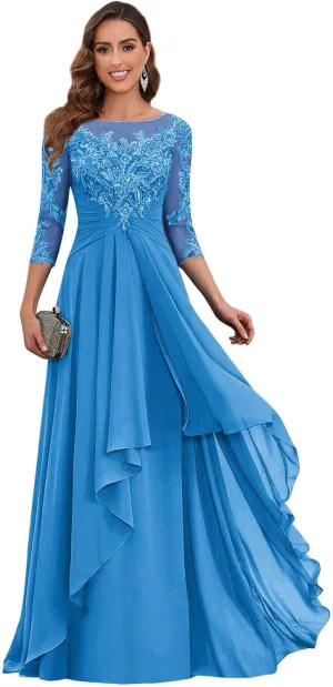 POMUYOO Women's Lace Long Mother of The Bride Dresses with Sleeves Scoop Neck Chiffon Aline Formal Evening Gown