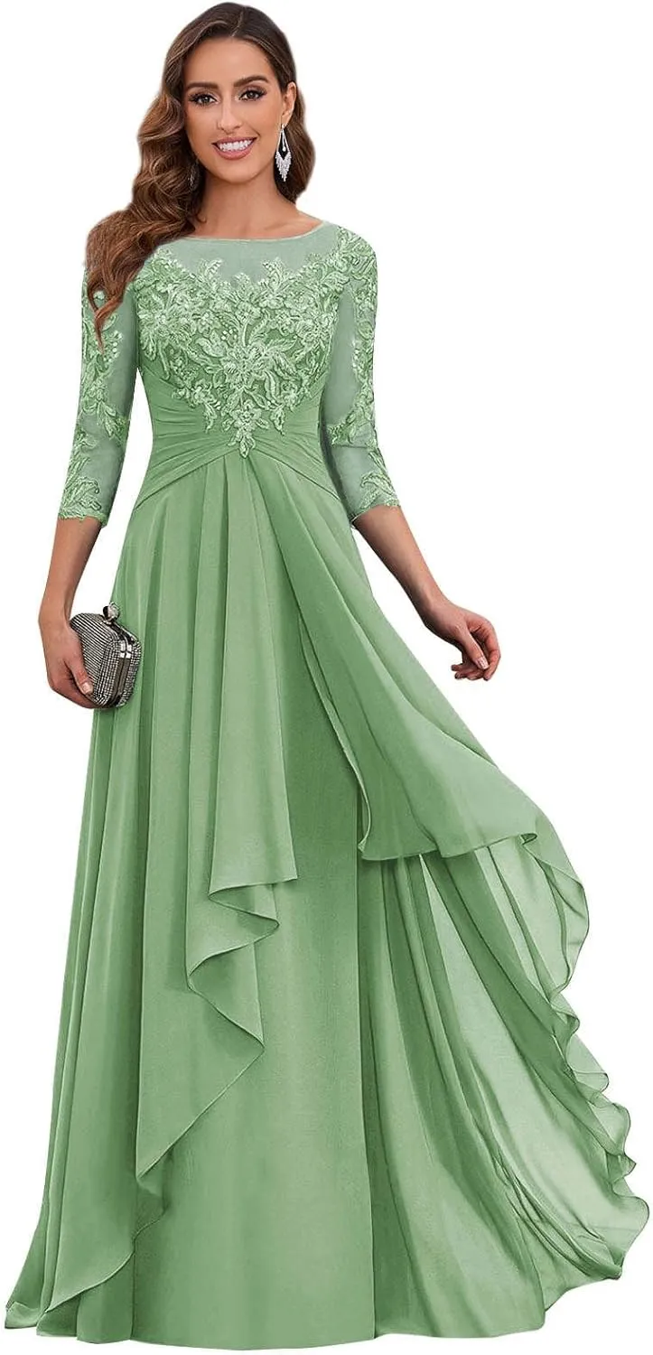 POMUYOO Women's Lace Long Mother of The Bride Dresses with Sleeves Scoop Neck Chiffon Aline Formal Evening Gown