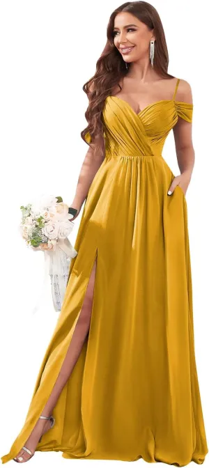 POMUYOO Womens Off Shoulder Bridesmaid Dresses with Pockets Long Spaghetti Straps Pleats Formal Dress with Slit YG252