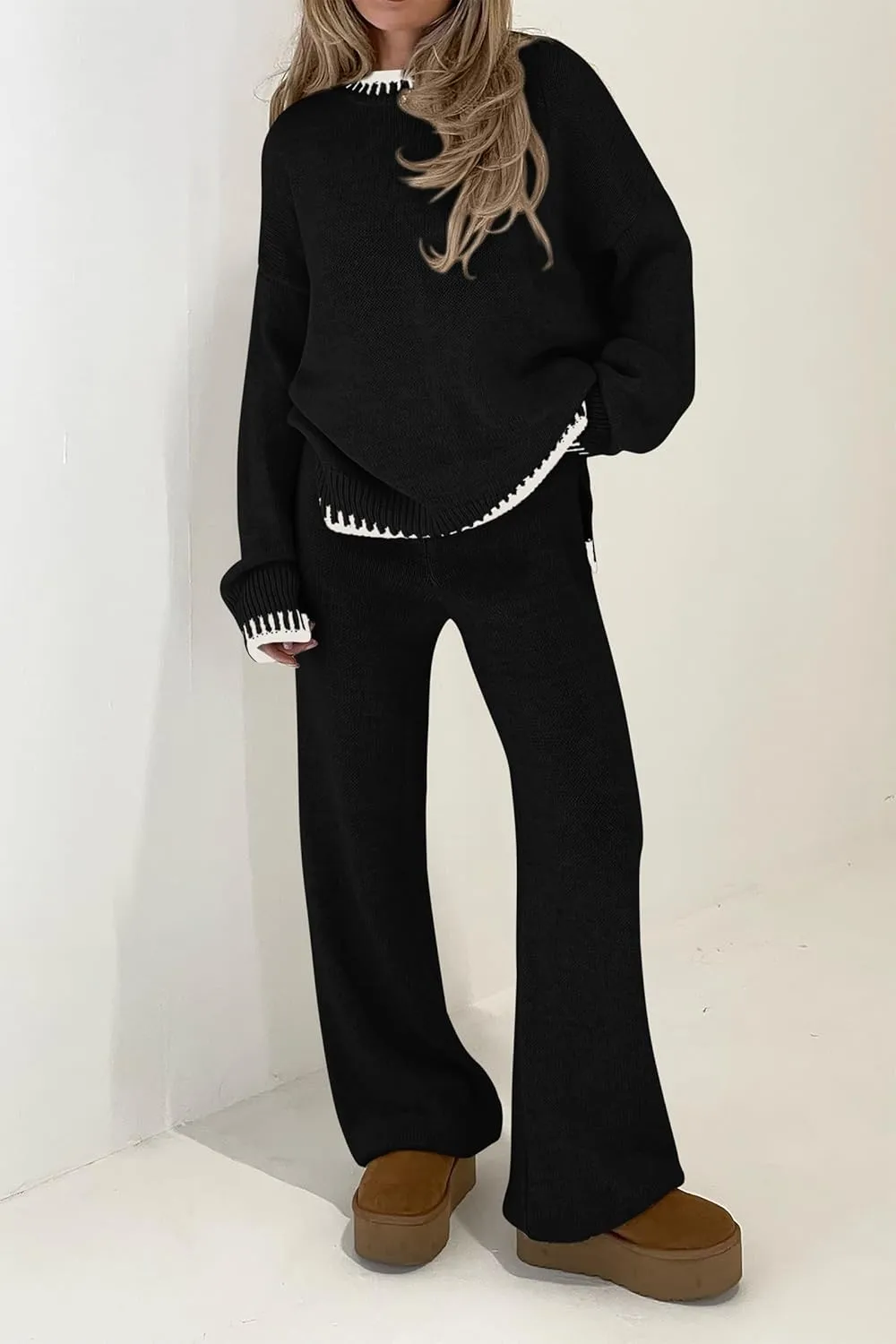 PRETTYGARDEN Women's 2 Piece Knit Sweater Outfit Casual Long Sleeve Pullover Wide Leg Pants Tracksuit Loungewear Set