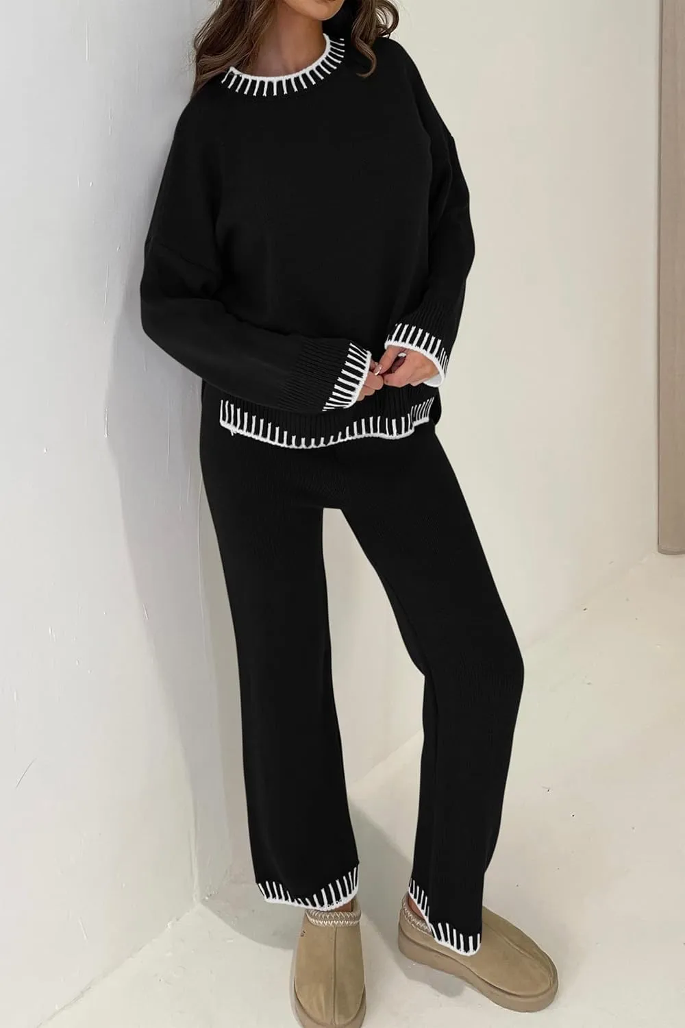 PRETTYGARDEN Women's 2 Piece Knit Sweater Outfit Casual Long Sleeve Pullover Wide Leg Pants Tracksuit Loungewear Set