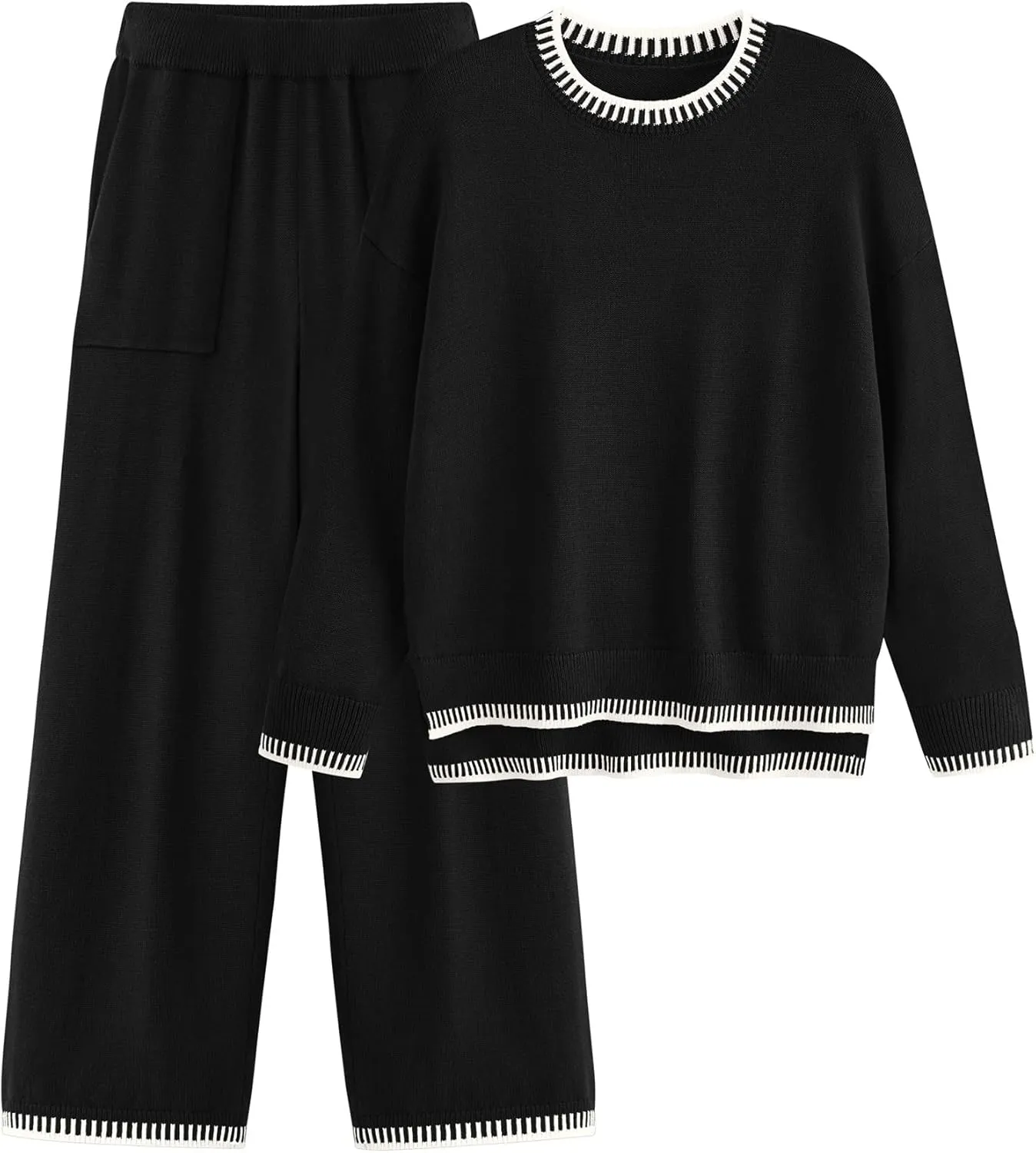 PRETTYGARDEN Women's 2 Piece Knit Sweater Outfit Casual Long Sleeve Pullover Wide Leg Pants Tracksuit Loungewear Set
