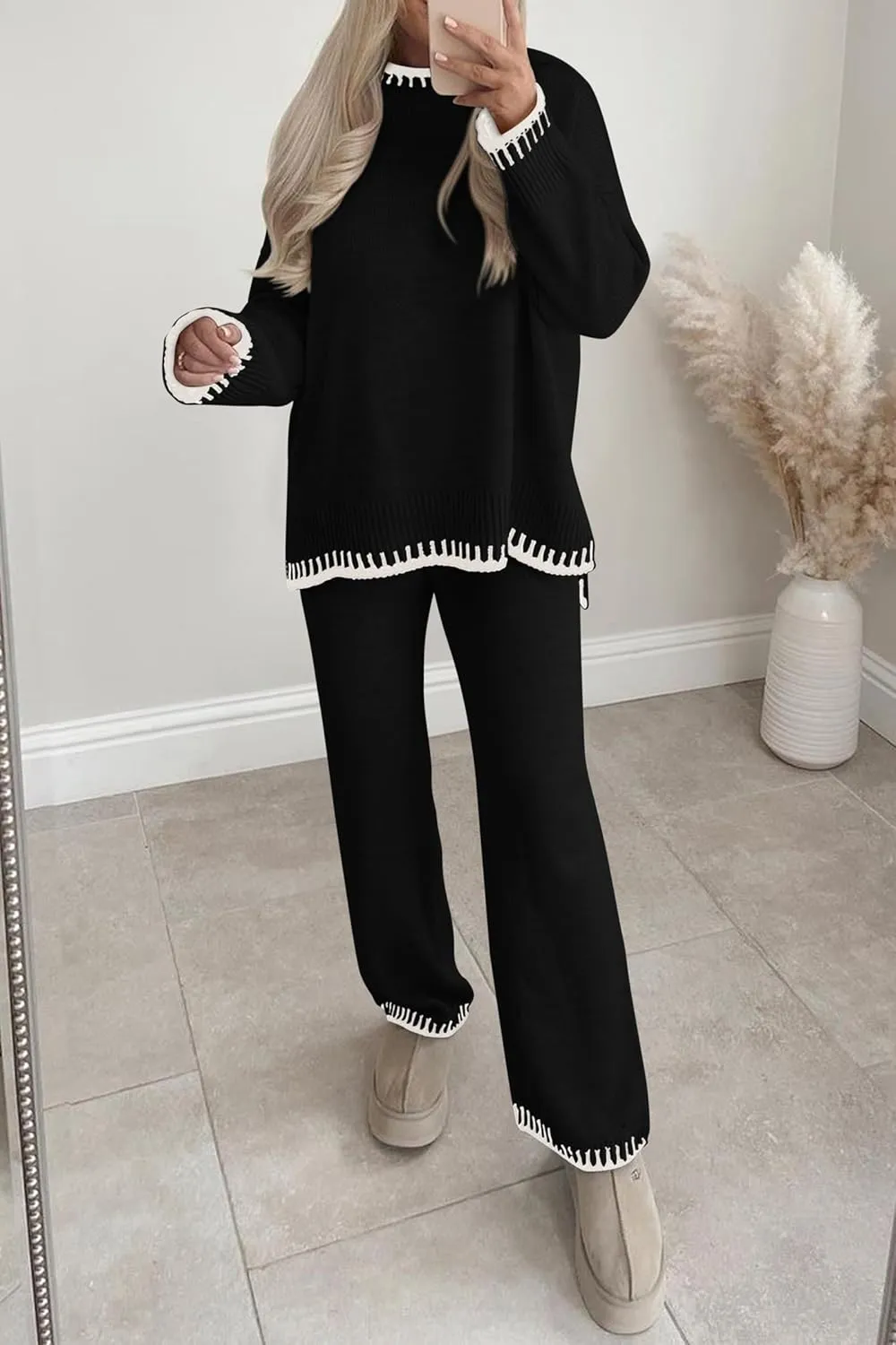 PRETTYGARDEN Women's 2 Piece Knit Sweater Outfit Casual Long Sleeve Pullover Wide Leg Pants Tracksuit Loungewear Set