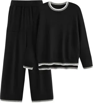 PRETTYGARDEN Women's 2 Piece Knit Sweater Outfit Casual Long Sleeve Pullover Wide Leg Pants Tracksuit Loungewear Set