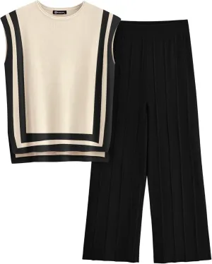 PRETTYGARDEN Women's 2 Piece Outfits Knit Loungewear High Low Pullover Tops and Wide Leg Pants Casual Sweater Sets Tracksuits