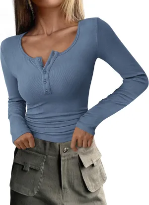 PRETTYGARDEN Women's 2025 Spring Fall Long Sleeve Henley T Shirts Button Ribbed Knit Slim Fit Casual Basic Tops Blouse