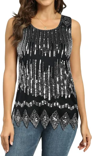 PrettyGuide Women's Sequin Top Flowy Sparkly Cocktail Tank Party Dressy Tops