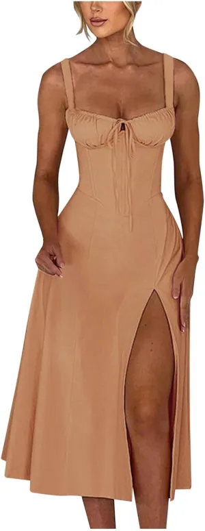 PTOLOCIF Sexy Sundresses for Women 2025 Summer Spaghetti Strap Dress Sleeveless Low Cut Bust Dress Beach Party Maxi Dresses