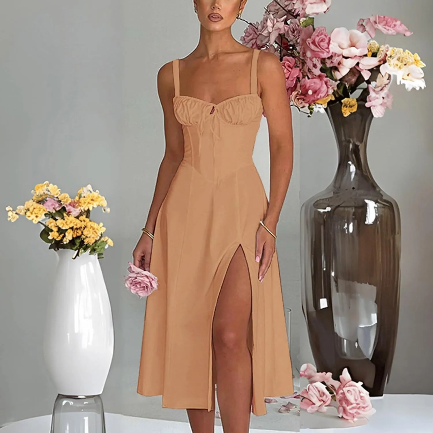 PTOLOCIF Sexy Sundresses for Women 2025 Summer Spaghetti Strap Dress Sleeveless Low Cut Bust Dress Beach Party Maxi Dresses
