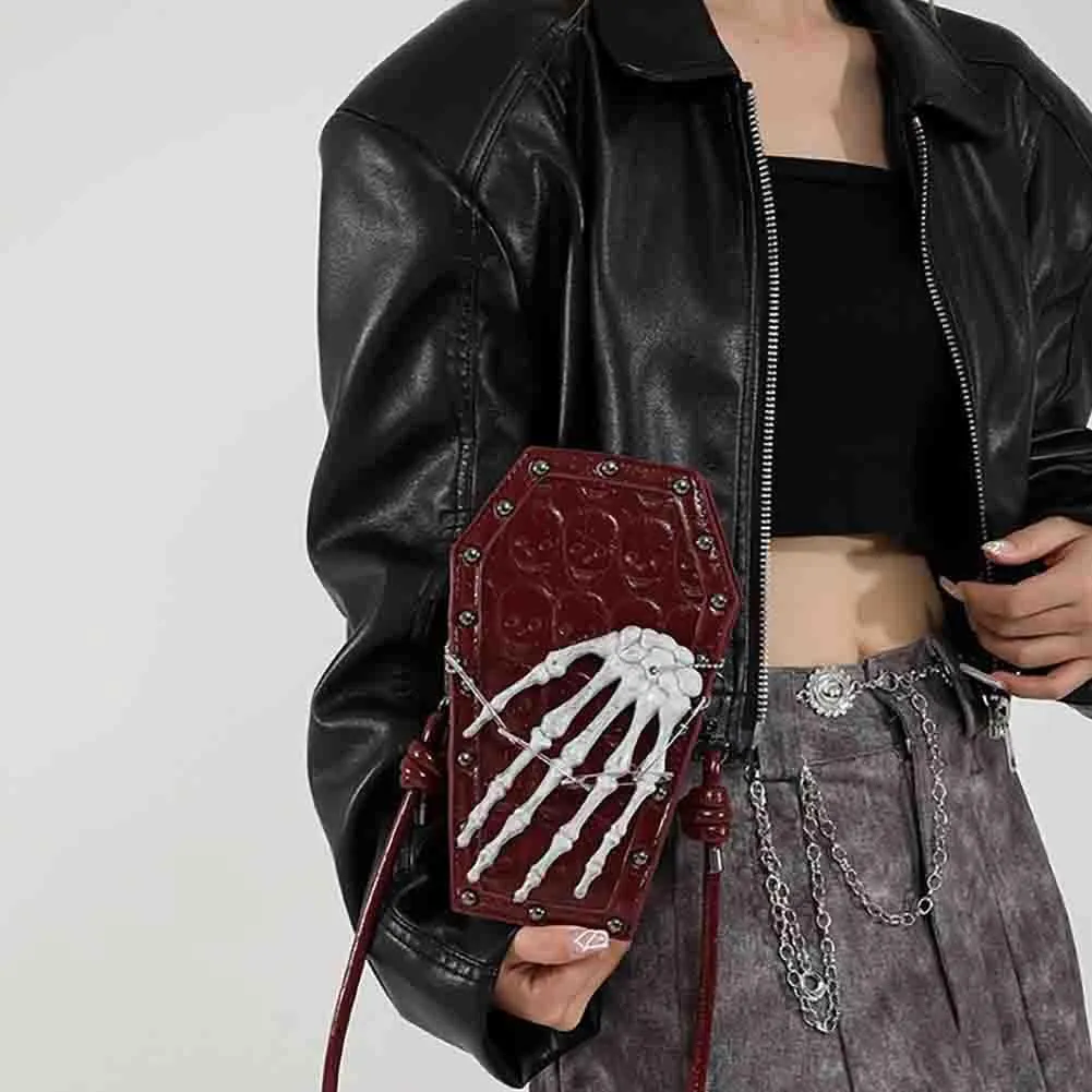 PU Leather Skull Coffin Shaped Purse, Gothic Studded Rivet Crossbody Bag, Punk Horror Skeleton Print Shoulder Clutch