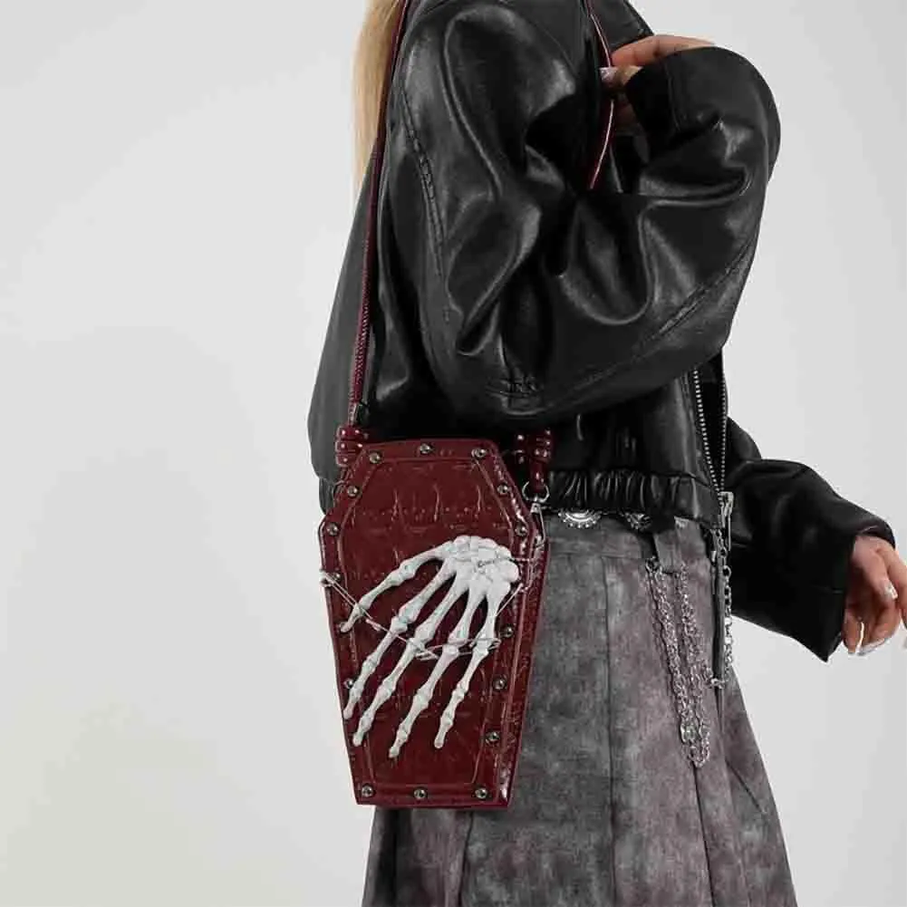 PU Leather Skull Coffin Shaped Purse, Gothic Studded Rivet Crossbody Bag, Punk Horror Skeleton Print Shoulder Clutch