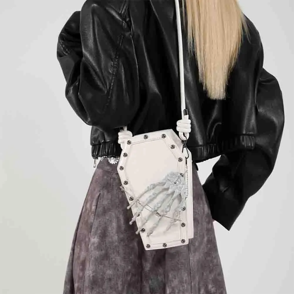 PU Leather Skull Coffin Shaped Purse, Gothic Studded Rivet Crossbody Bag, Punk Horror Skeleton Print Shoulder Clutch