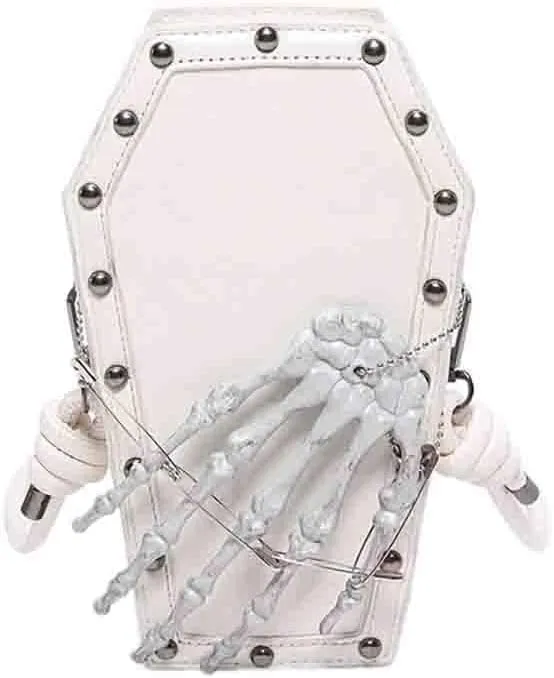 PU Leather Skull Coffin Shaped Purse, Gothic Studded Rivet Crossbody Bag, Punk Horror Skeleton Print Shoulder Clutch