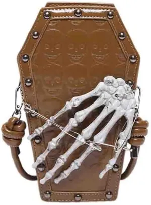 PU Leather Skull Coffin Shaped Purse, Gothic Studded Rivet Crossbody Bag, Punk Horror Skeleton Print Shoulder Clutch