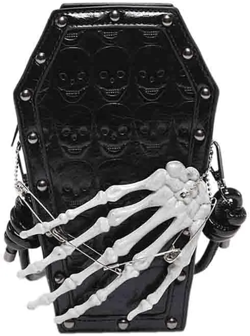 PU Leather Skull Coffin Shaped Purse, Gothic Studded Rivet Crossbody Bag, Punk Horror Skeleton Print Shoulder Clutch