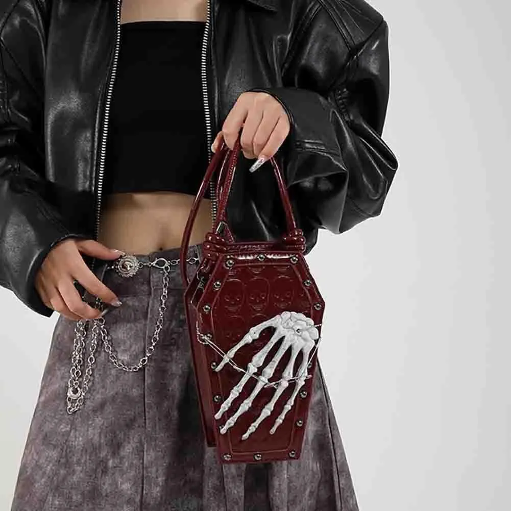 PU Leather Skull Coffin Shaped Purse, Gothic Studded Rivet Crossbody Bag, Punk Horror Skeleton Print Shoulder Clutch