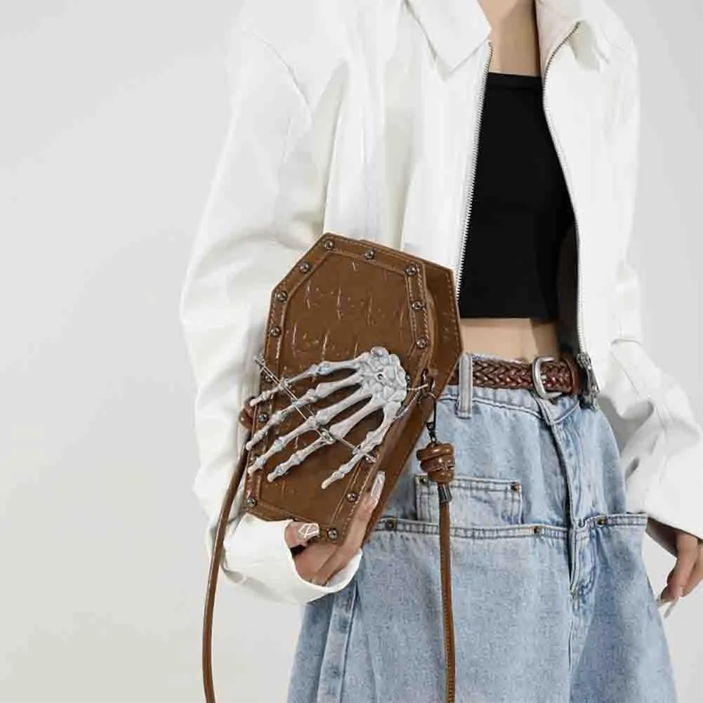 PU Leather Skull Coffin Shaped Purse, Gothic Studded Rivet Crossbody Bag, Punk Horror Skeleton Print Shoulder Clutch