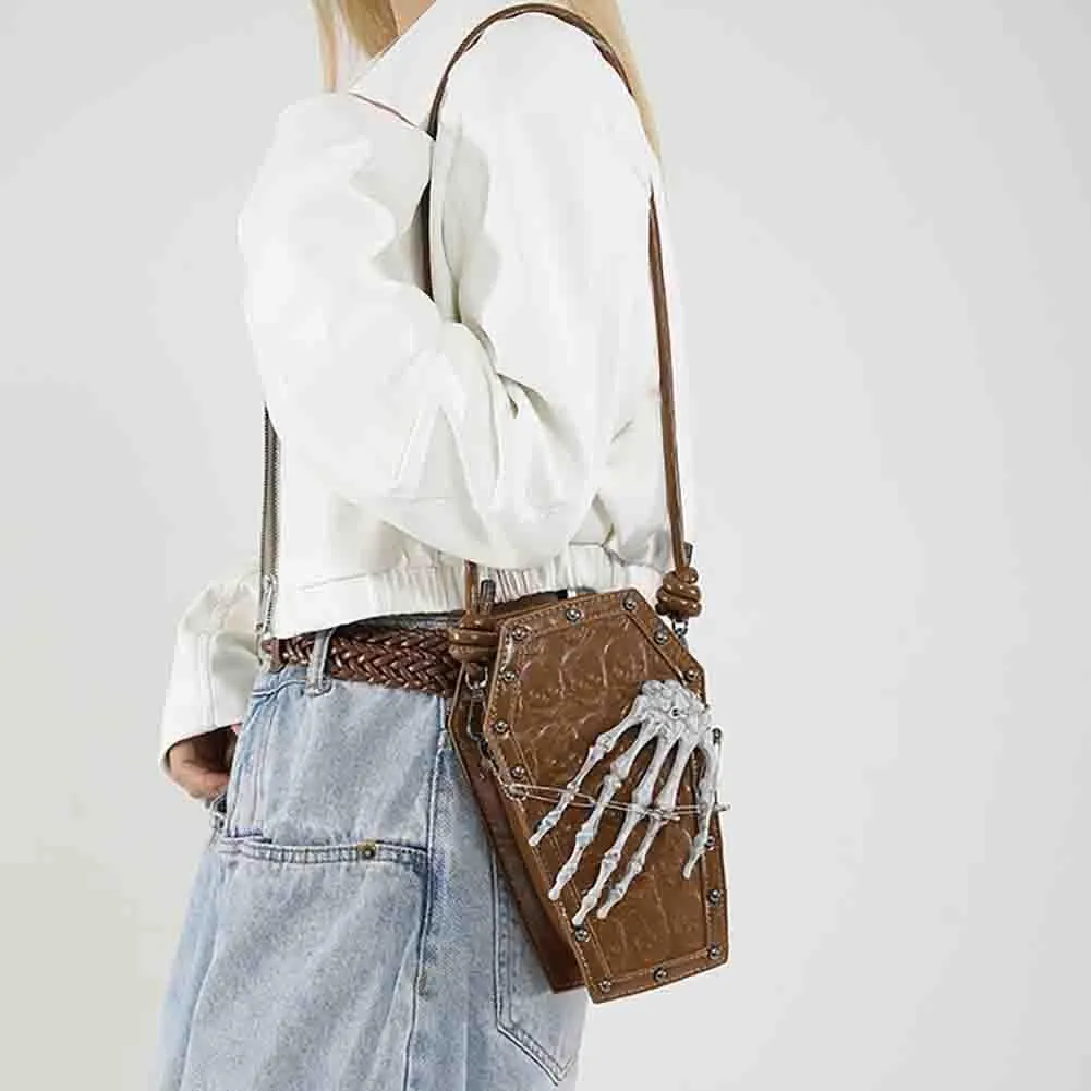 PU Leather Skull Coffin Shaped Purse, Gothic Studded Rivet Crossbody Bag, Punk Horror Skeleton Print Shoulder Clutch