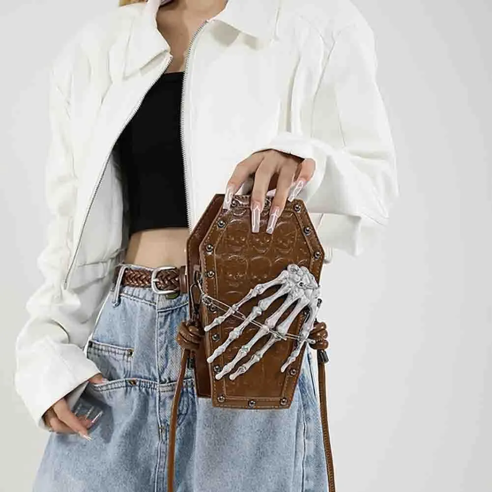 PU Leather Skull Coffin Shaped Purse, Gothic Studded Rivet Crossbody Bag, Punk Horror Skeleton Print Shoulder Clutch