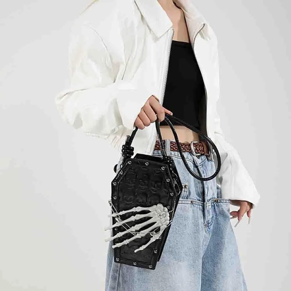 PU Leather Skull Coffin Shaped Purse, Gothic Studded Rivet Crossbody Bag, Punk Horror Skeleton Print Shoulder Clutch