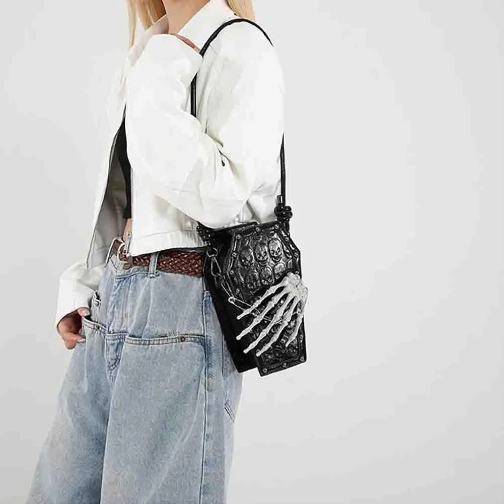 PU Leather Skull Coffin Shaped Purse, Gothic Studded Rivet Crossbody Bag, Punk Horror Skeleton Print Shoulder Clutch