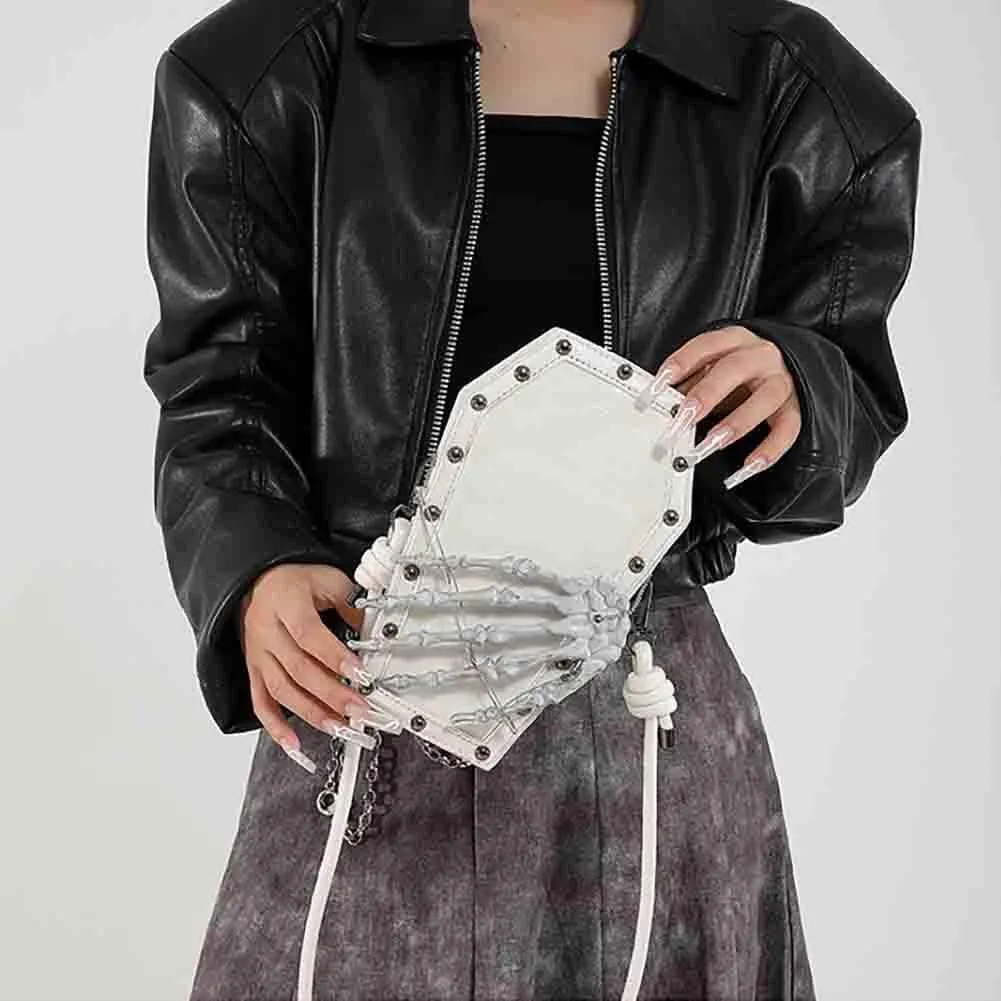 PU Leather Skull Coffin Shaped Purse, Gothic Studded Rivet Crossbody Bag, Punk Horror Skeleton Print Shoulder Clutch