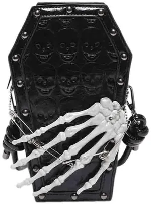 PU Leather Skull Coffin Shaped Purse, Gothic Studded Rivet Crossbody Bag, Punk Horror Skeleton Print Shoulder Clutch