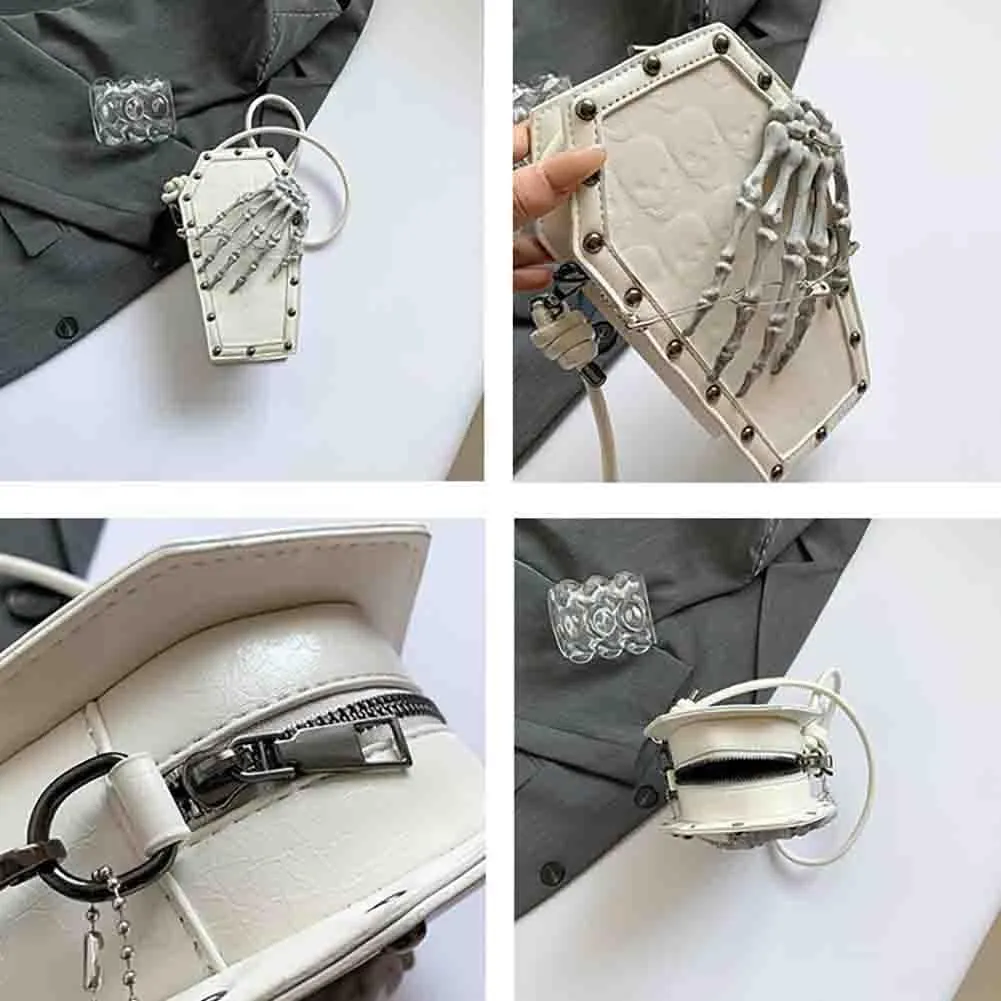 PU Leather Skull Coffin Shaped Purse, Gothic Studded Rivet Crossbody Bag, Punk Horror Skeleton Print Shoulder Clutch