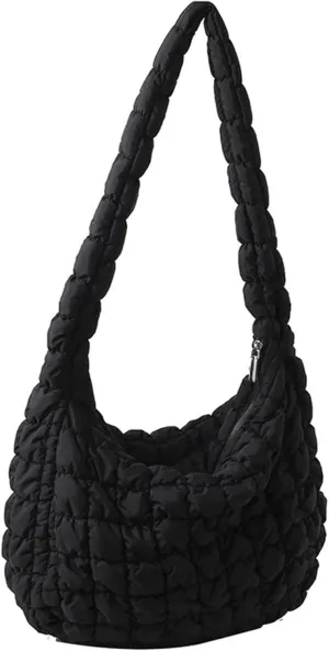 Puffer Tote Bag for Women Quilted Crossbody Bag Puffer Bags Cloud Shoulder Bag Hobo Bag Purses Satchel Work Bag (Black,Medium)