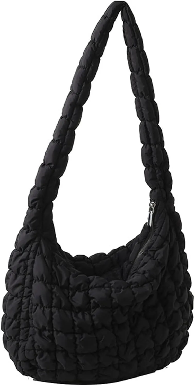 Puffer Tote Bag for Women Quilted Crossbody Bag Puffer Bags Cloud Shoulder Bag Hobo Bag Purses Satchel Work Bag (Black,Medium)