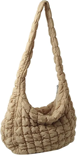 Puffer Tote Bag for Women Quilted Crossbody Bag Puffer Bags Cloud Shoulder Bag Hobo Bag Purses Satchel Work Bag (Khaki,Medium)