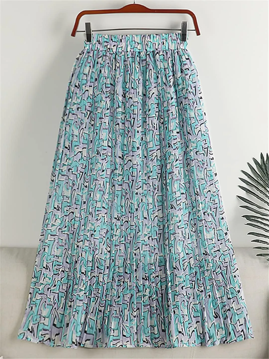 Pulcykp Chiffon Mid-Length Pleated Skirt Women Summer Print A Line High Waist Midi Skirt