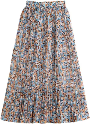 Pulcykp Chiffon Mid-Length Pleated Skirt Women Summer Print A Line High Waist Midi Skirt