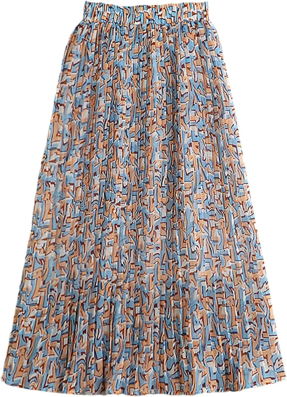 Pulcykp Chiffon Mid-Length Pleated Skirt Women Summer Print A Line High Waist Midi Skirt