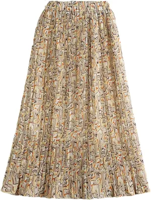 Pulcykp Chiffon Mid-Length Pleated Skirt Women Summer Print A Line High Waist Midi Skirt