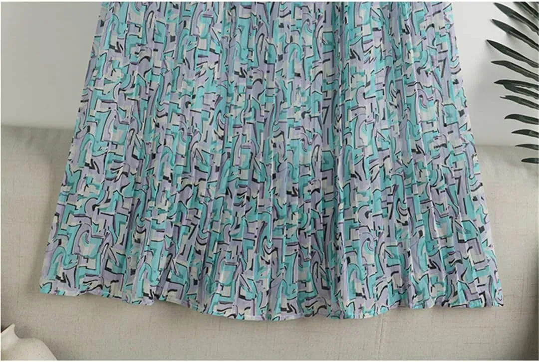 Pulcykp Chiffon Mid-Length Pleated Skirt Women Summer Print A Line High Waist Midi Skirt