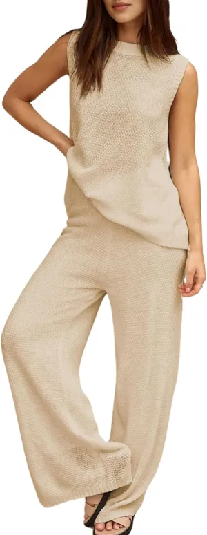 PUWEI Women's 2 Piece Lounge Set Bow Sweater Vest Wide Leg Pants Summer Matching Sets Travel Outfits Knit Tracksuit