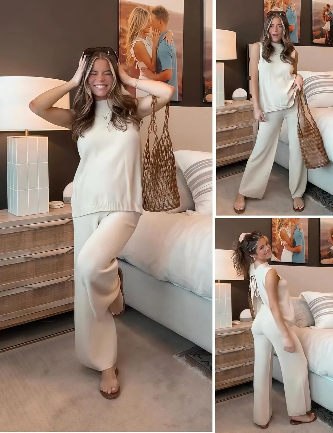 PUWEI Women's 2 Piece Lounge Set Bow Sweater Vest Wide Leg Pants Summer Matching Sets Travel Outfits Knit Tracksuit