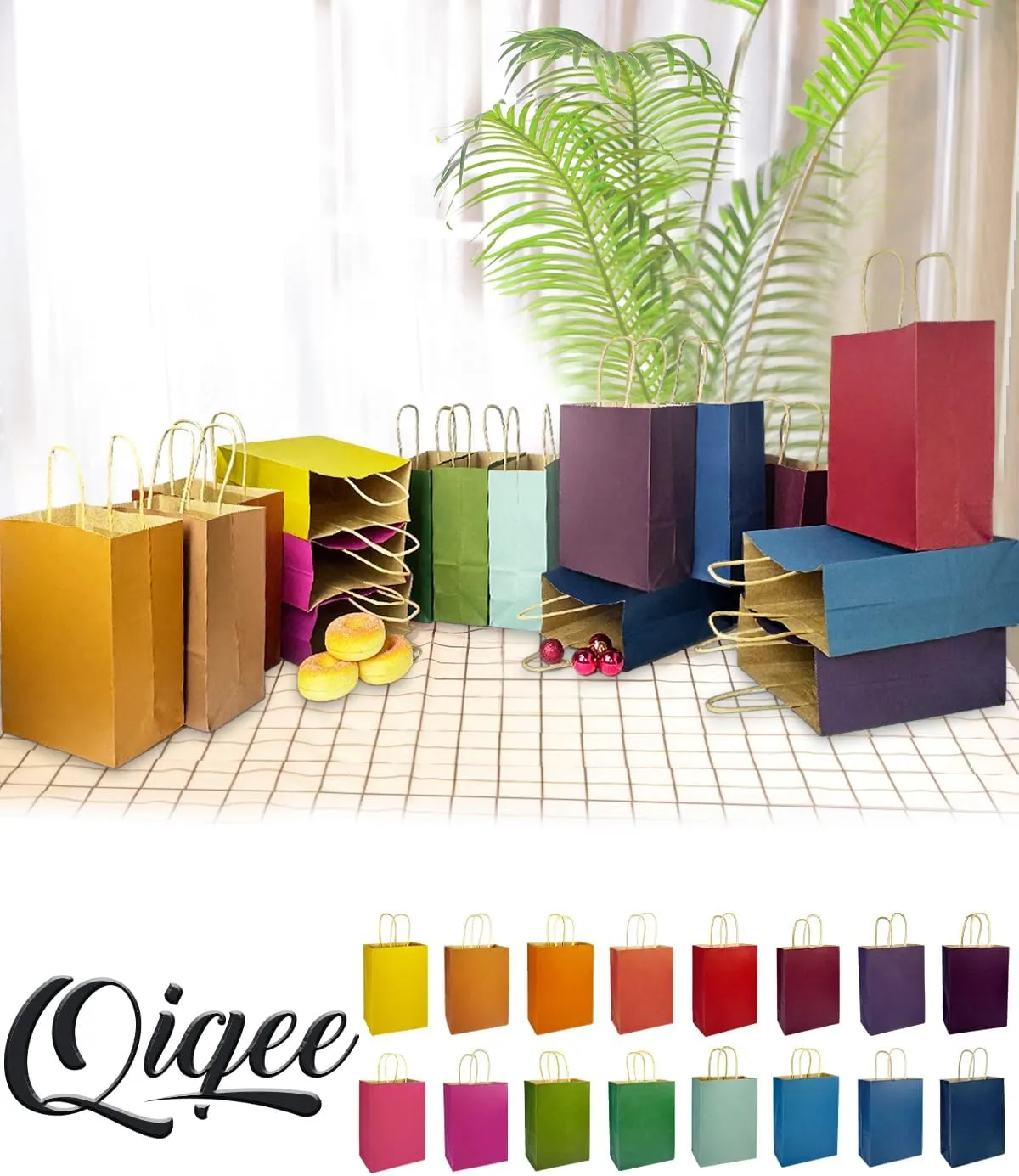 qiqee 60-Packs Paper Bags with Handles Bulk 8.26"6"3.15" Small Gift Bags 16 Different Senior Color Bags Multiple UsesSmall Size
